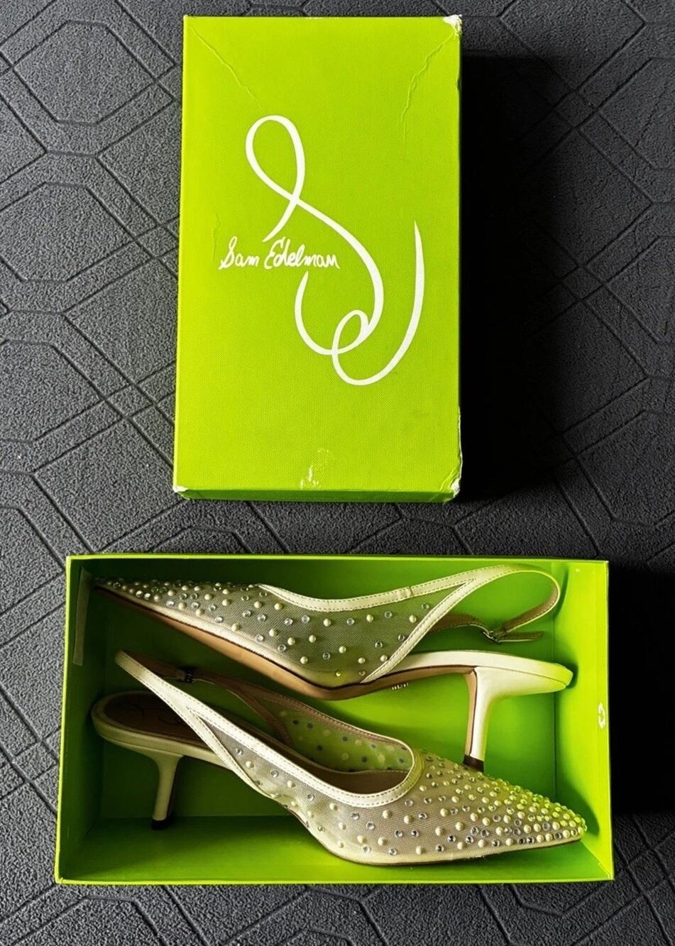 Sam Edelman Bianca Slingback Pump - Ivory Mesh Rhinestone And Pearl Accents Sz 9